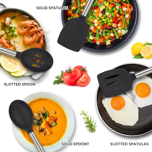 Silicone Cooking Kitchen Utensils Set Kitchen Utensils Set Silicone Cooking Utensils Set for Nonstick Cookware Perfect for Baking and Mixing Spatula Set BPA Free Dishwasher Safe Black 4 Pack (4 Count)