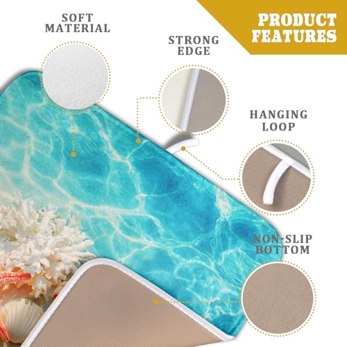 Coastal Starfish Dish Drying Mat 16"x18" Ocean Blue Sea Coral Seashell Dish Drainer Mats Nautical Beach Themed Decorative Reversible Dish Drying Pad for Kitchen Countertop Dining Room