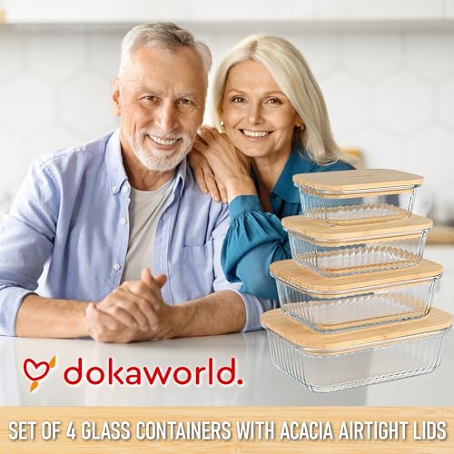 Ribbed Glass 4 Stackable Meal Prep Containers with Bamboo Lids