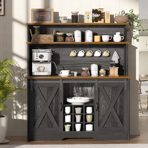 Farmhouse Coffee Bar Cabinet with 3 Tier Storage Hutch