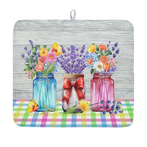 Spring Summer Flowers Dish Drying Mat for Kitchen Counter 16"x18" Spring Floral Jars Drying Mat Soft Absorbent Microfiber Farmhouse Colorful Floral Dish Drainer Rack Mats for Counter tops