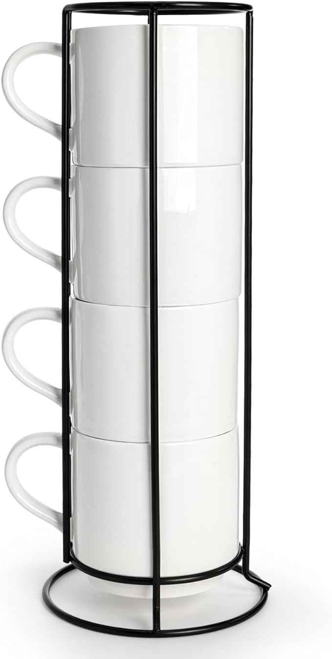 Peohud Set of 4 Christmas Coffee Mugs, 14 Oz Stackable Cappuccino Cups with Metal Stand, Porcelain Holiday Hot Cocoa Mugs Gift Set for Families, Friends, Latte, Americano, Milk, Beverages