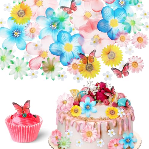 55 Pcs Edible Flowers & Butterflies Cake Decorations (55 Count)
