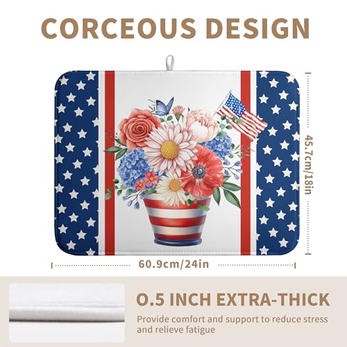 Patriotic Floral Summer Dish Drying Mats 4th of July Butterfly Flowers Dish Mat Kitchen Large Drying Matt Dishes Dryer Pad for Kitchen Counter Absorbent Microfiber Washable Foldable Reusable 18x24 in