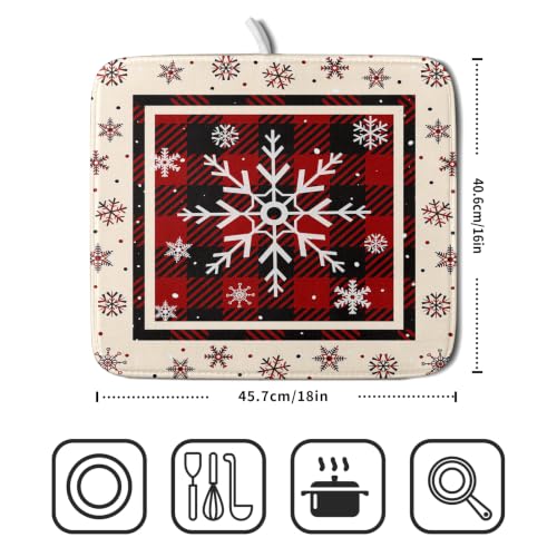16"x18" Christmas Snowflakes Dish Drying Mat Xmas Red Black Buffalo Plaids Winter Snow Dish Drainer Mats Microfiber Reversible Dish Drying Rack Pad for Kitchen Countertop Tabletop Decor