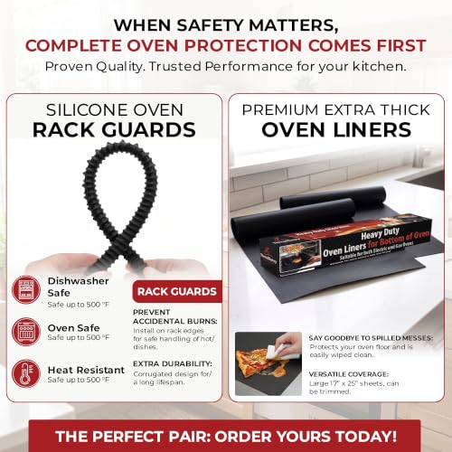 Oven Liners for Bottom of Oven 17"x 25" and Silicone Rack Guards Black 22" (4 Count)
