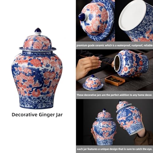 8 inches Phoenix Ginger Jar with Lid red blue Decorative Ceramic