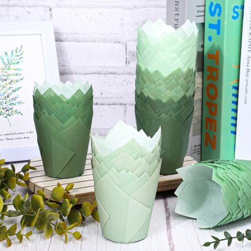 180Pcs Sage Green Tulip Cupcake Liners Gradient Green Muffin Baking Cups Cupcake Wrappers for Wedding Bridal Shower Spring Holiday Party Supplies (180 Count)