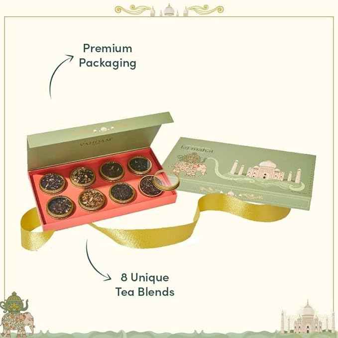 VAHDAM, Weekend In Taj Mahal Tea Gift Set Travel Edition Gift Box | 8 Varieties - Chai, Black, Herbal Tea | Gluten Free, Non GMO | Gifts for Women & Men