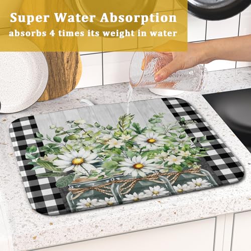 Spring Summer White Daisy Flowers Dish Drying Mat for Kitchen Counter Daisy Spring Flowers Dish Drying Mat 16x18 Inch Absorbent Reversible Microfiber Protector Drainer Mat Dishes Pad for Countertops