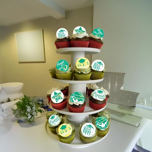 48Pcs 2026 Graduation Cupcake Toppers Wafer Paper Class of 2026 Cake Decorations Edible Congrats Grad Cupcake Picks for 2026 Graduation Theme Party Cake Supplies Green Gold (48 Count)