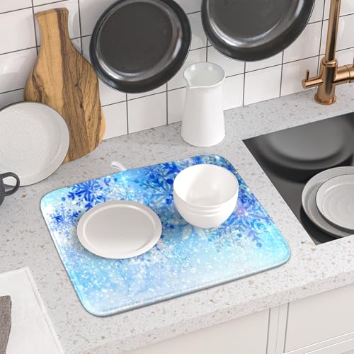 16"x18" Winter Blue Snowflakes Dish Drying Mat Christmas Snow Falling Nature Ice Dish Drainer Mats for Kitchen Microfiber Reversible Dish Drying Rack Pad for Countertop Tabletop Decor
