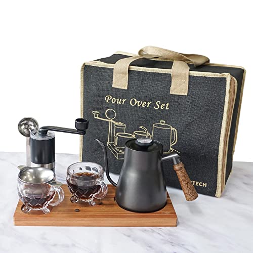 Pour Over Coffee Maker Set Chinese Tea Set Wooden Storage Tray Coffee Dripper Glass Server Coffee Scoop DIY Manual Pour Over Kit Black