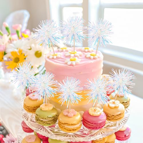 30 PCS Foil Firework Cupcake Toppers Happy Birthday Cupcake Toppers Sparkle Tinsel Flower Drink Stirrers Cocktail Fruit Toothpicks for Valentine's Day Baby Shower Party Cake Decor Supplies White (30 Count)