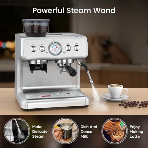 2026 Upgrade) Espresso Machine with Grinder, Expresso Coffee Machines with Built-in Anti-Clog Coffee Grinder/Milk Steam Wand/Frother, Expresso Machines for Home Perfect Cappuccino & Latte-Silver