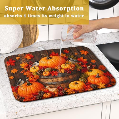 Autumn Dish Drying Mat for Kitchen Countertop Fall Pumpkin Maple Leaf Birds Dish Drainer Mats 16x18inch Rustic Wood Board Grain Dish Drying Rack Pad Protector for Dining Seasonal Decor