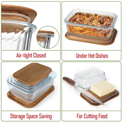 Ribbed Glass 4 Stackable Meal Prep Containers with Acacia Lids