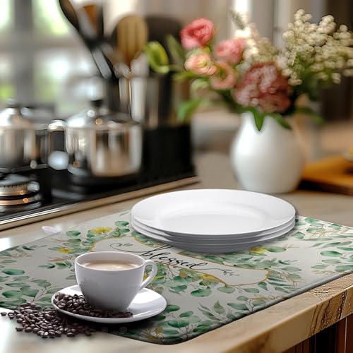 Spring Summer Cross Blessed Dish Drying Mats Spring Eucalyptus Leaves Dish Mat Drying Matt Floral Dishes Dryer Pad for Kitchen Counter Absorbent Microfiber Washable Foldable Reusable 18x24 in