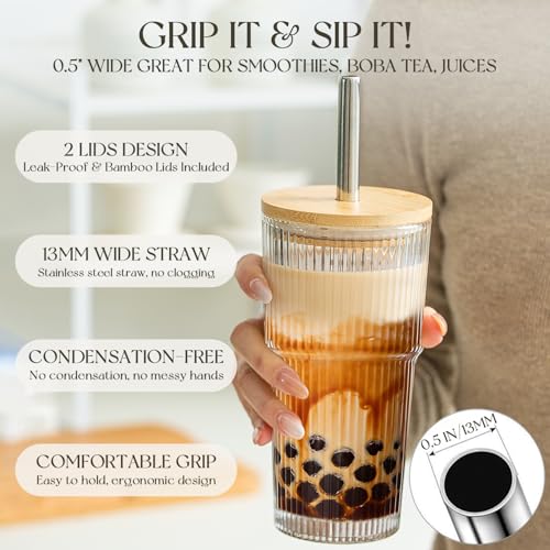 20oz Ribbed Glass Tumblers with Bamboo Lids & Straws