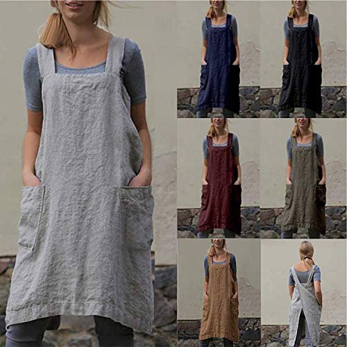 Cotton Linen Apron Cross Back Apron for Women with Pockets Pinafore Dress for Baking Cooking