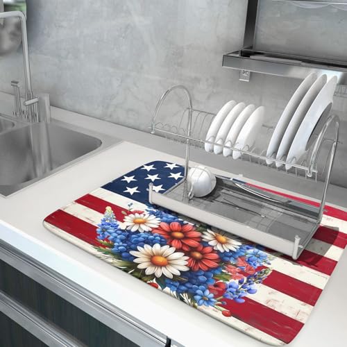 4th of July Patriotic Flower Dish Drying Mat for Kitchen Counter