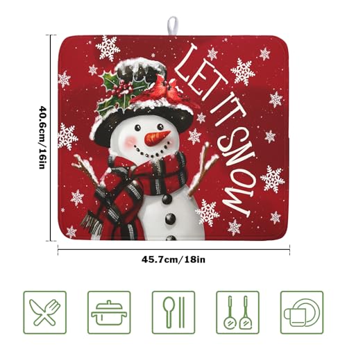 Merry Christmas Dish Drying Mat for Kitchen Counter 16x18 Inch Winter Snowman Dish Draining Mat Xmas Snowflakes Decorations Fast Absorbent Tableware Cardinal Birld Dishes Pad for Coffee Bar Countertop