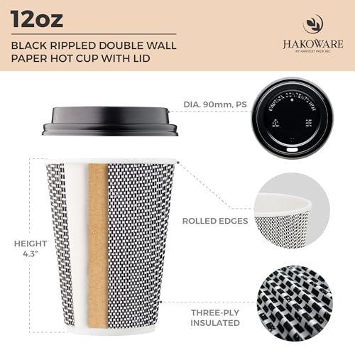 12 oz Disposable Paper Coffee Cups with Lids Insulated Double (100 Count)