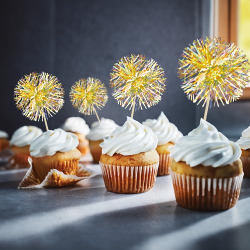 30Pcs Foil Firework Cupcake Toppers Sparkle Tinsel Cake Toppers Tinsel Drink Cake Decoration Cocktail Picks for Halloween Birthday Wedding Graduation Party Supplies Laser Yellow (30 Count)