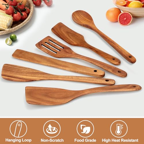 Flat Wood Spatula Set Teak Wooden Spoon for Cooking Utensils Slotted Turner (6 Count)