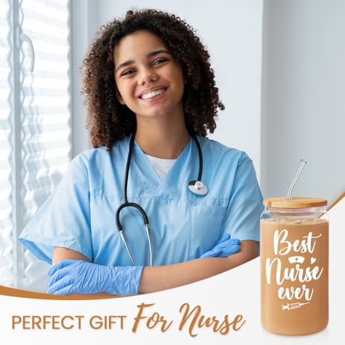 Nurse Cup 16 Oz Glass Can with Bamboo Lid and Straw