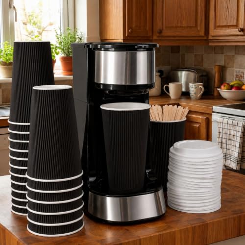Ripple Wall Coffee Cups 25 Count 16 Ounce Insulated Black Paper Cups