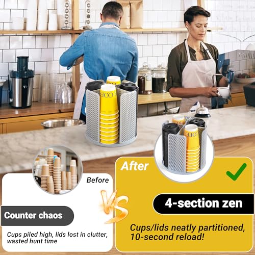 4 Compartment Rotating Paper Cup Holder & Coffee Cup Lid Storage Dispenser