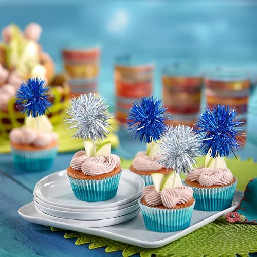 30Pcs Foil Firework Cupcake Toppers Sparkle Tinsel Cake Toppers Tinsel Drink Cake Decoration Cocktail Picks for Birthday Wedding Graduation Party Supplies Silver Dark Blue (30 Count)