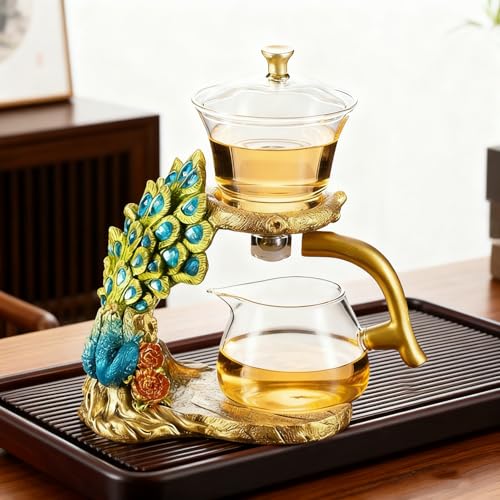 Lazy Kungfu Glass Tea Set Heat Resistant Semi Automatic Drip Rotating with Infuser Magnetic Teapot Set for Gongfu Tea Making Ideal