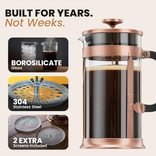 EzDtach Glass French Press Coffee Maker 34oz Copper