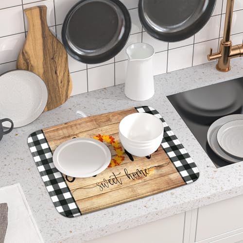 Home Sweet Home Dish Drying Mat 16x18 Inch Fall Autumn Maple Leaf Wreath Dish Drainer Mats Rustic Brown Wood Board Microfiber Dish Drying Rack Pad for Kitchen Countertop Farmhouse Decor