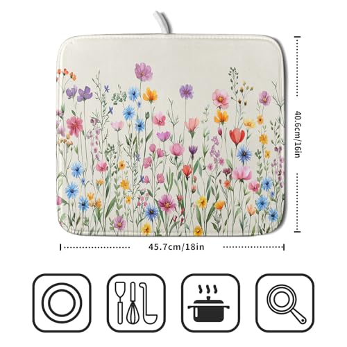 Spring Floral Dish Drying Mat 16"x18" Watercolor Summer Wildflower Dish Drainer Mats Herb Flower Reversible Absorbent Dish Drying Pad Decor for Kitchen Countertop Dining Room
