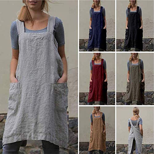 Cotton Linen Apron Cross Back Apron for Women with Pockets Pinafore Dress for Baking Cooking