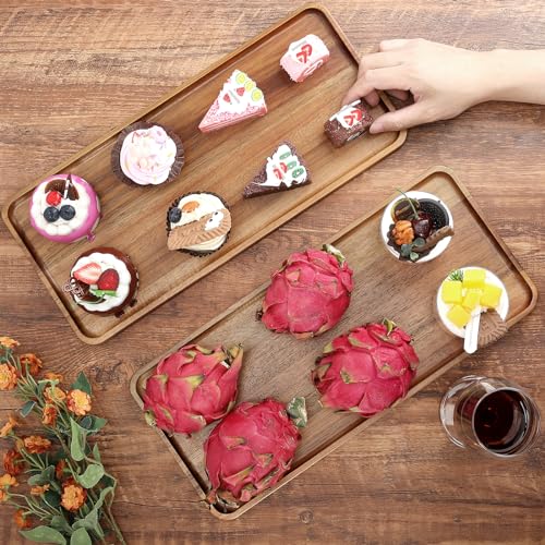 15.7" x 7" Large Solid Acacia Wood Serving Tray Rectangular Wooden Serving Platter Natural Wooden Board for Bar Coffee Party