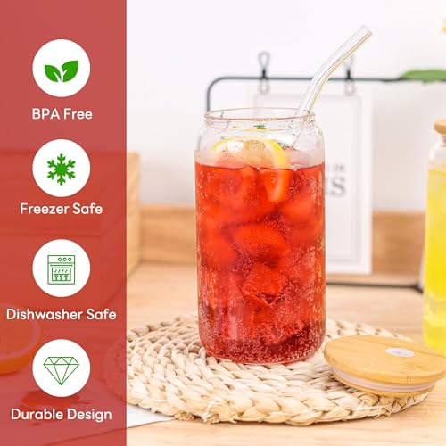 8pcs 16Oz Glass Cups with Bamboo Lids and Straws Drinking Glasses (8 Count)