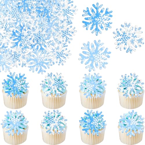 50Pcs Edible Snowflake Cupcake Cake Toppers Wafer Paper Snowflake Cake Decorations for Christmas Winter Frozen Theme Party Supply Decoration Multi Blue (60 Count)