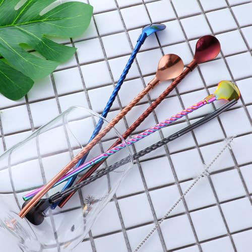 10 pcs Metal Straw Spoons with 2 Cleaning Brushes