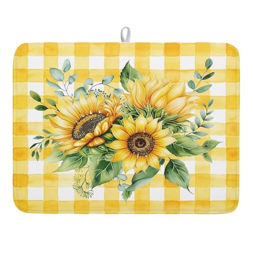 Sunflower Dish Drying Mat 18x24 Inch Absorbent Reversible Summer Sunflower Drying Mat Summer Plaid Dish Drying Rack Mat Yellow Summer Themed Dish Drainer Mat for Kitchen Counter Coffee Bar