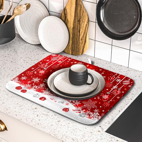 Xmas Balls Dish Drying Mat for Kitchen Countertop Winter Red White Snowflakes Dish Drainer Mats 16x18inch Reversible Dish Drying Rack Pad Protector for Dining Holiday New Year Decor