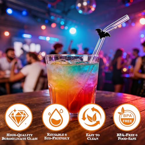 Black Bat Glass Straws with Charms (10 Count)