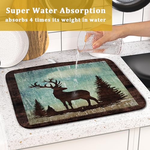 Retro Deer Forest Cabin Silhouette Dish Drying Mat Countertop 16x18 Fall Blue Sky Cloud Cartoon Elk Wild Animal Bushes Drainer Mat Pine Tree Grass Dishes Pad Rustic Dish Drainer Rack