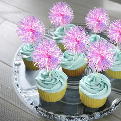30Pcs Foil Firework Cupcake Toppers Party Birthday Cake Toppers Supplies Sparkle Tinsel Cocktail Fruit Toothpick for Birthday Wedding Graduation Party Rose Red (30 Count)