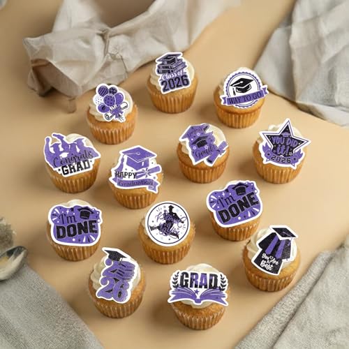 48Pcs Edible Graduation Cap 2026 Cupcake Toppers Wafer Paper Grad Cap Diploma Cake Decoration Picks for 2026 Grad Theme Party Cake Decor Supplies Purple White (48 Count)