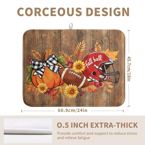 Fall Pumpkin Dish Drying Mats Thanksgiving Dish Mat Football Wood Drying Matt Dishes Dryer Pad for Kitchen Counter Absorbent Microfiber Washable Foldable Reusable 18x24 in