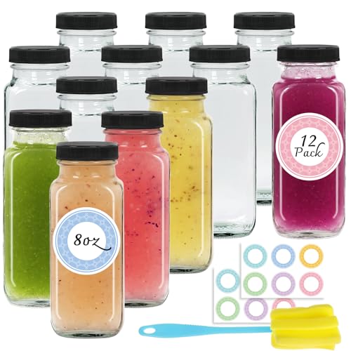 12 pack 8 oz Glass Juice Bottles with Lids (12 Count)